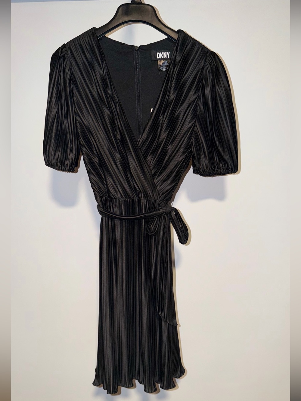DKNY Black Pleated Wrap Midi Dress with Puff Sleeves